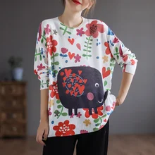 

Retro Vintage Printed Cotton Sweater Women's New Autumn Ladies Loose Round Neck Long Sleeve Tops Female Plus Size Tees