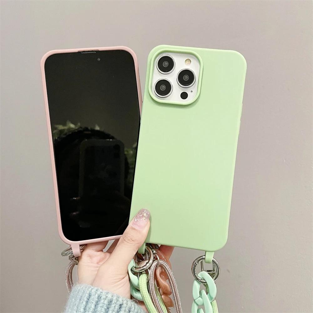 Luxury Crossbody Lanyard Rope Strap Phone Case with Acrylic Chain and Silicone Soft Cover