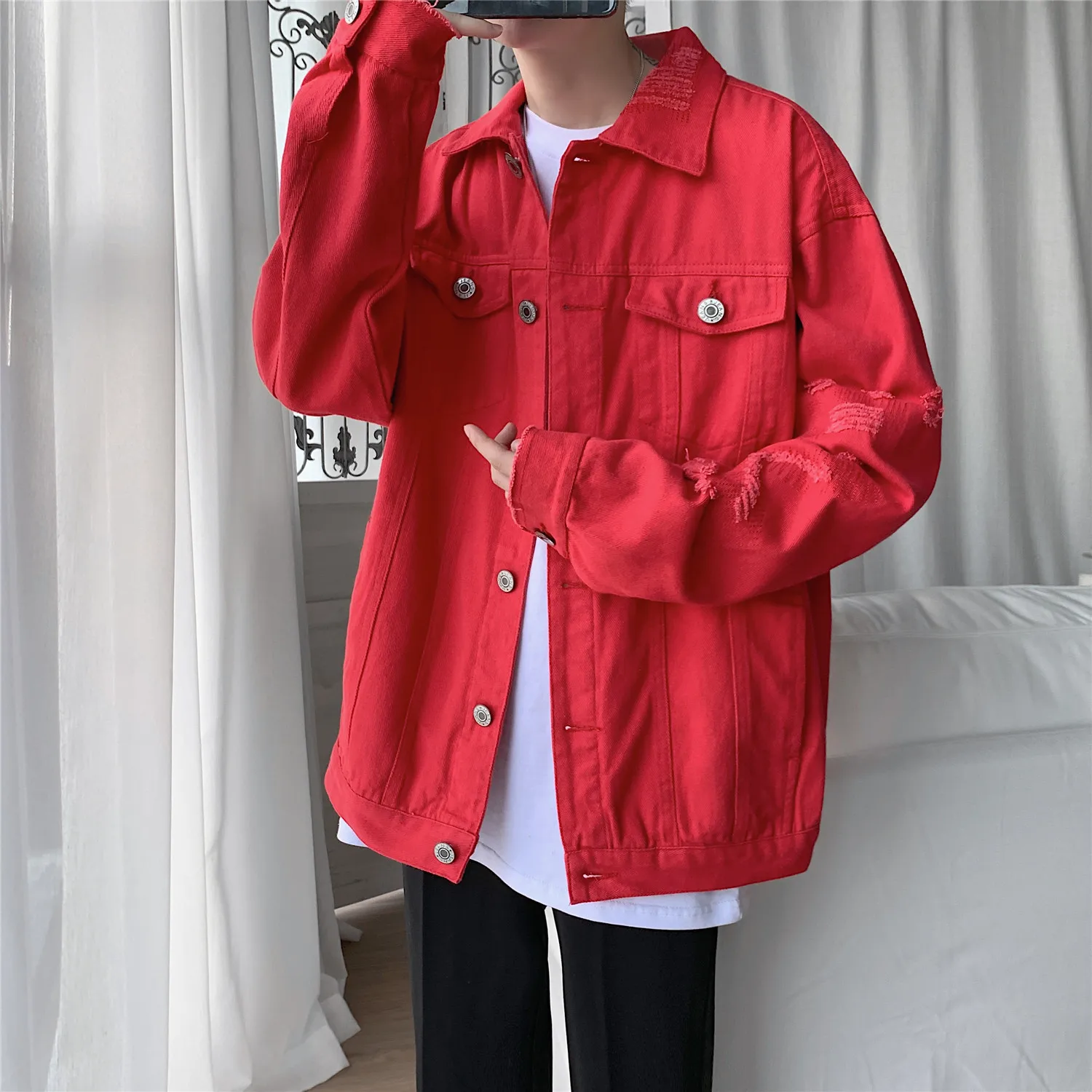 봄 가을 신사복 진 자켓 슬림 피트 코튼 데님 자켓 레드 화이트 블랙 찢어진 홀 진 코트 남성 아웃웨어 플러스 사이즈