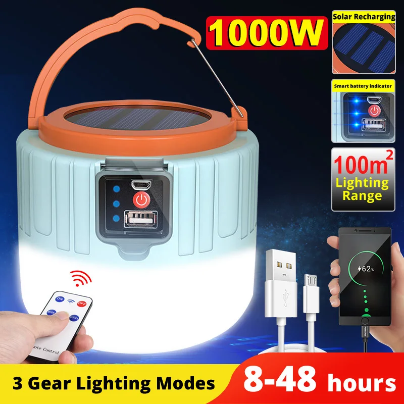 1000W napelemes ledes kemping ligh Vízhatlan esőköpény USB újratölthető számára kültéri Sátora Villanyégő Maroktelefon lanterns sürgősségi Világítás BBQ Gyalogtúra