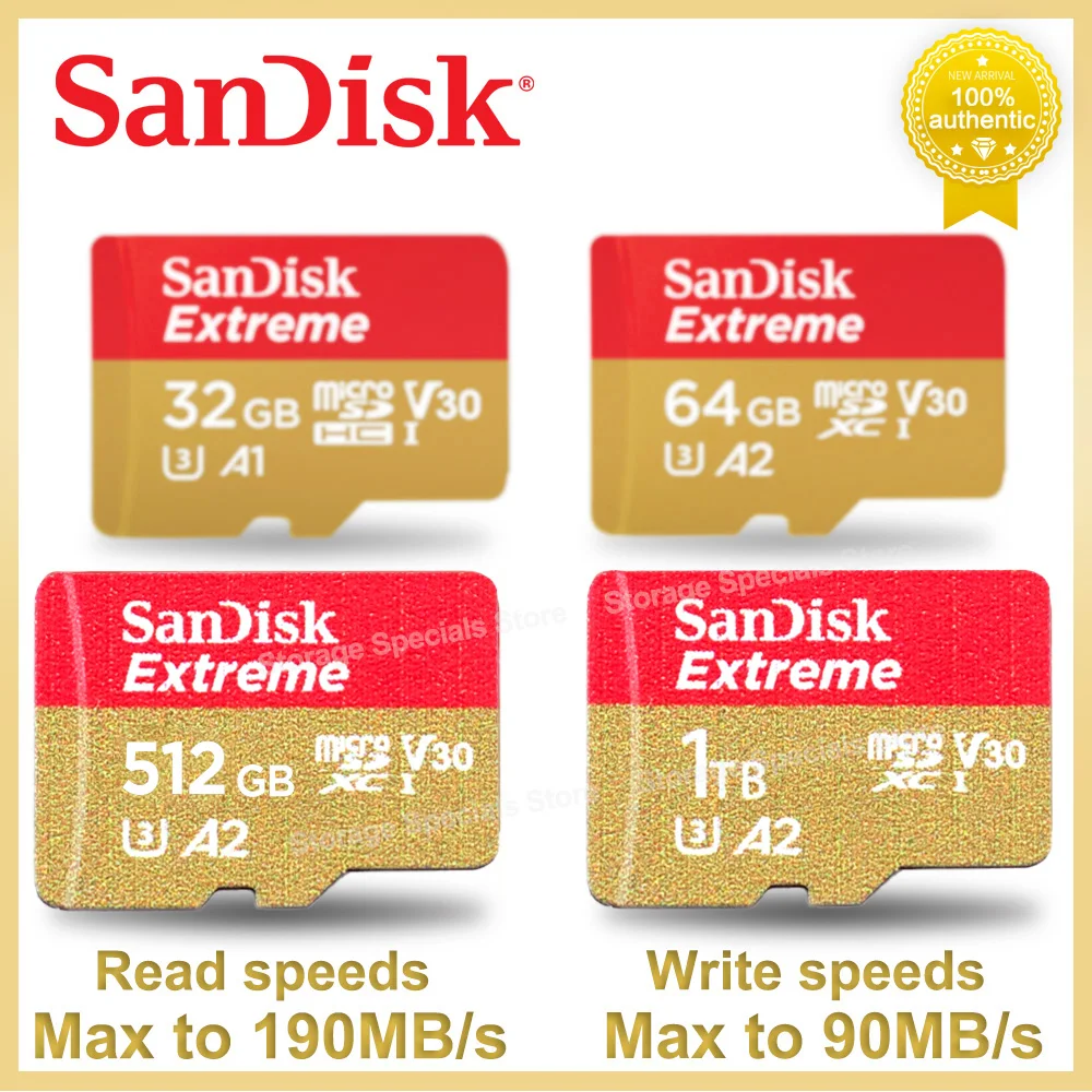 thumbnail image 1 of Tarjeta de memoria SanDisk Micro SD Extreme microSDXC Tarjeta de memoria UHS-I A2 U3 4K Video Tarjeta MicroSD de alta velocidad para cámara GoPro DJI Nintendo, 1 of 5
