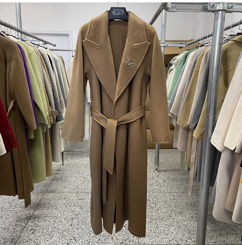 

Черное длинное шерстяное пальто для женщин, классическое двухстороннее кашемировое пальто для женщин, зимнее утепленное Женское пальто