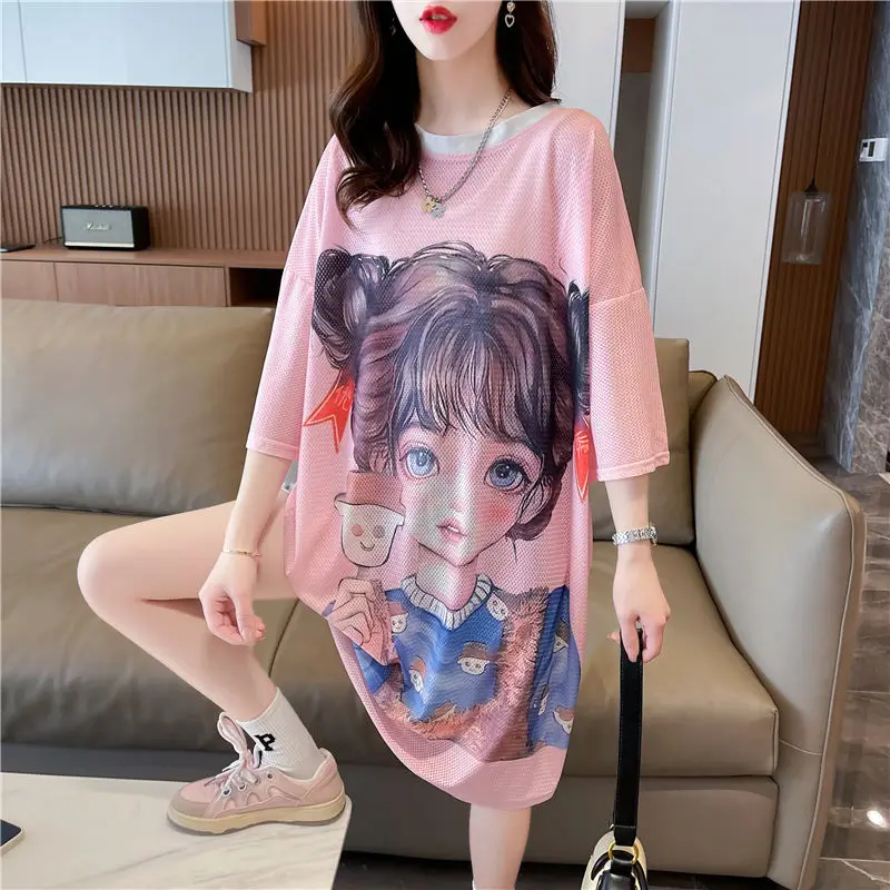 

Summer Long T Shirt Women Quick-dry Mesh 3D Printed T-Shirt Short Sleeve Loose Harajuku Streetwear Vintage Chinese Style