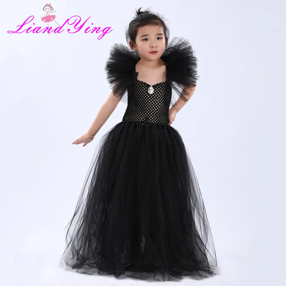 Karneval schwarze Hexe Fantasy Kinder Kostüm Horn Kopfschmuck Federflügel Tüllkleid mit magischen Stabhandschuhen Krähe Dekor für Cosplay – Detail 1