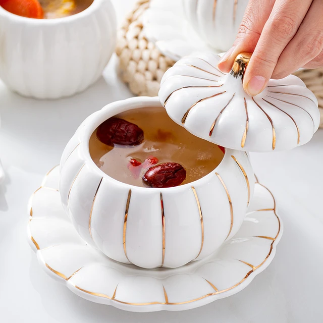 Ciotola per zuppa in ceramica a forma di zucca dorata di fascia alta con  coperchio ciotola