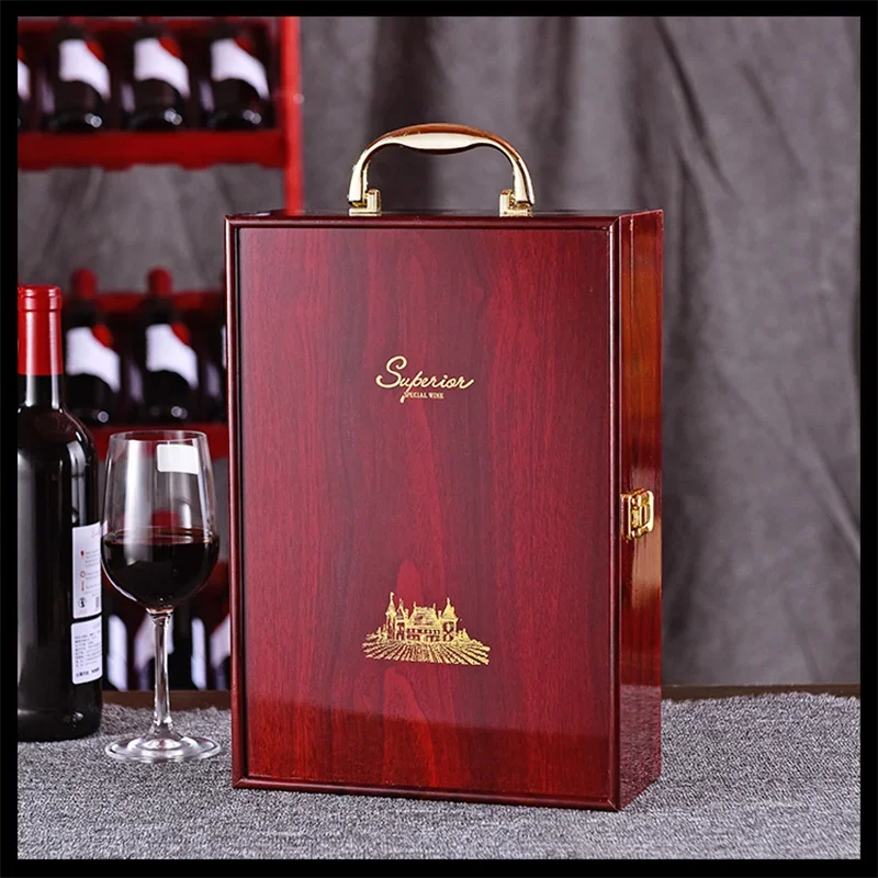 

High-grade Widened Baked Lacquer Red Wine Packaging Gift Box Double Branch Grape Wood Box Household Waterproofing Organizer Box