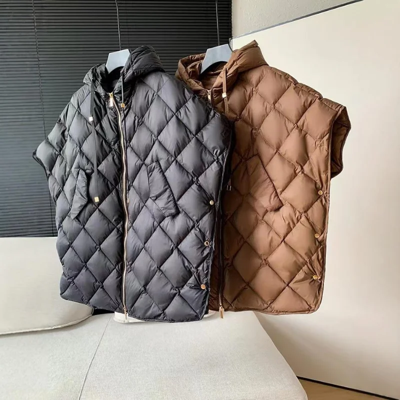 Winter Bat Sleeve Puffer Down Waistcoat Grid Loose Warm Fashion Hooded Sleeveless Coat 90% White Duck Down Streetwear Oversized