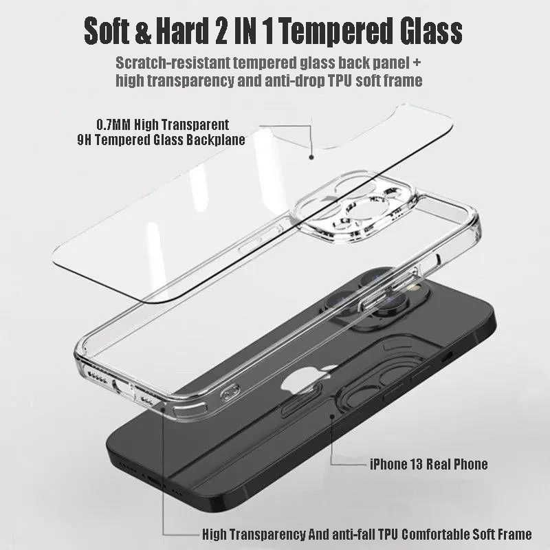 Durable Transparent Shockproof Tempered Glass Phone Case with Clear Hard Bumper