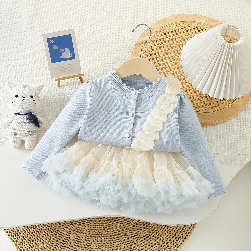 

Girls Knitted Clothes Sets Spring Autumn 2024 Children Woolen Jersey Sweaters Coats Tutu Skirts 2pcs Dress Suit For Baby Outfits