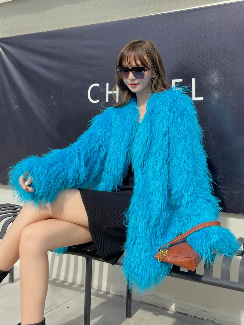 Warm Green Imitated Fur Coat Female 2023 Winter Clothes Woman Mongolia Sheep Fur Green Three-Button Lamb Fur Mid-Length Coats