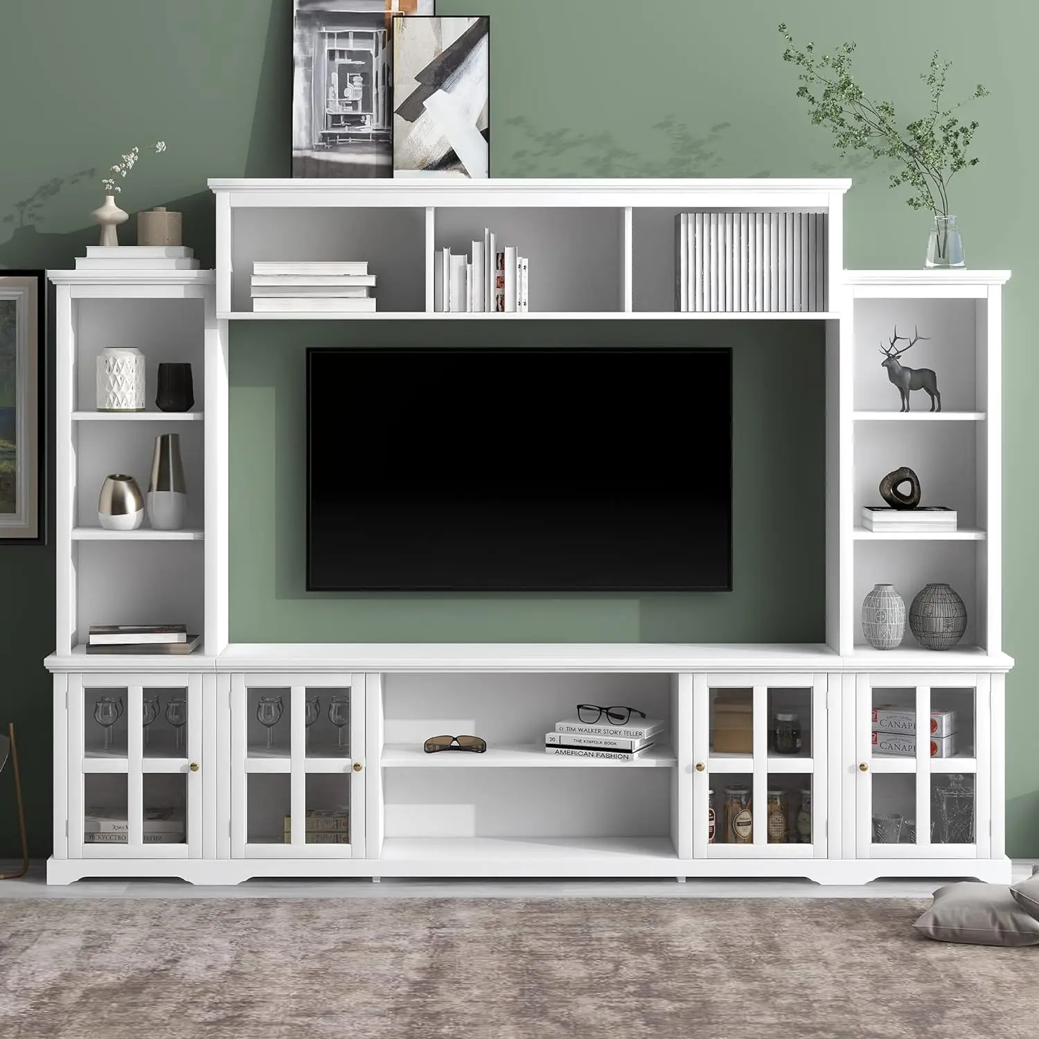

TV Stand with Tempered Glass Door,Modern TV Stand with Bookshelf,Wine Cabinet and Display Cabinet for Living Room,Bedroom, White