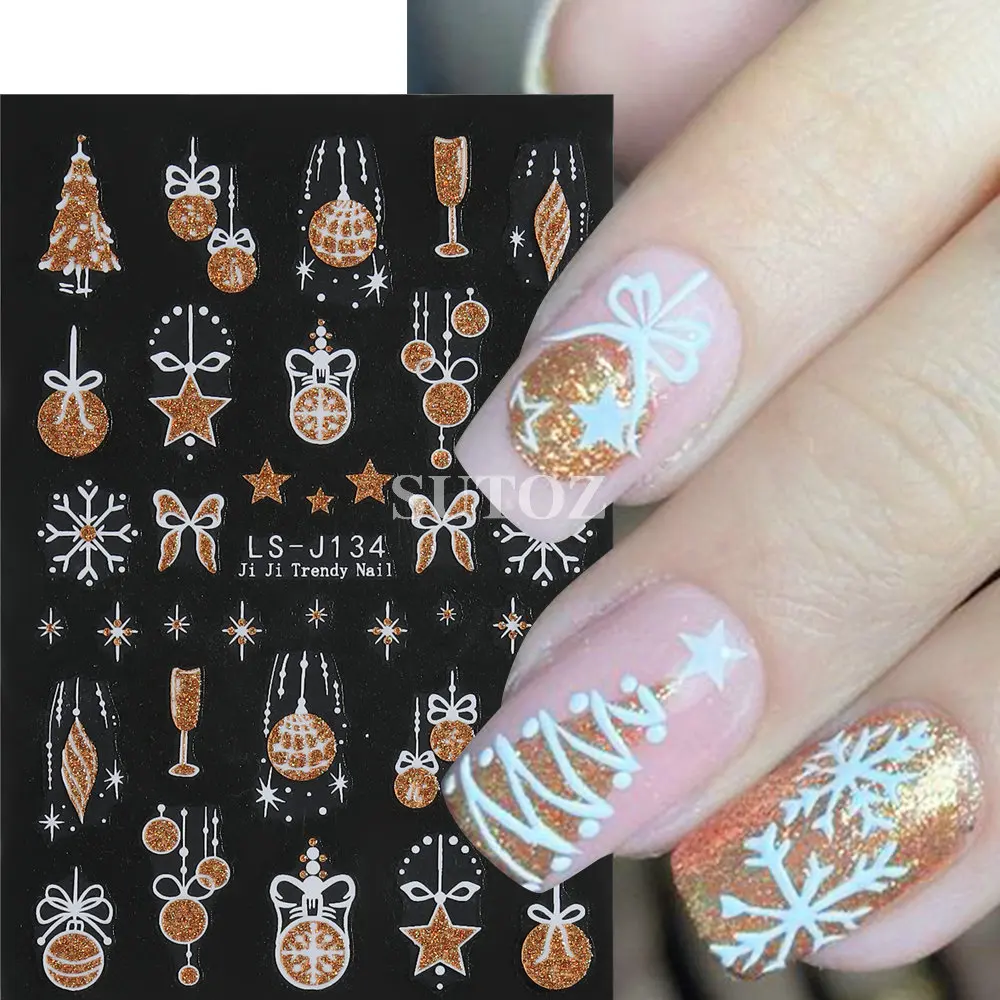 Glitter Christmas Tree Nail Stickers Gold Star Cartoon Deer Decals Snowflake Bow Nail Sliders New Year Manicure Decors LEBLS-J32