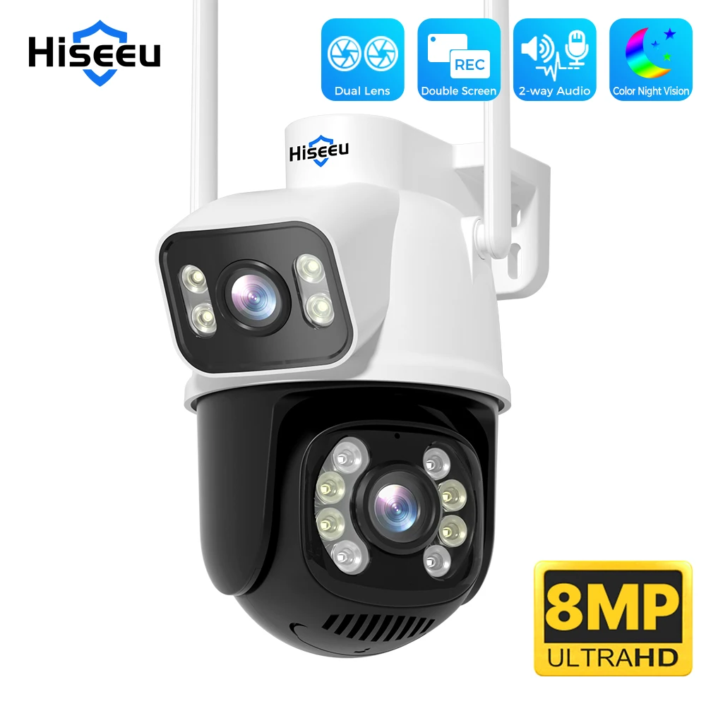Hiseeu 8MP WLAN-Überwachungskamera, Dual-Screen und Dual-Objektiv, Farbnachtsicht, Ai, automatische Verfolgung, kabellose Überwachungskamera für den Außenbereich