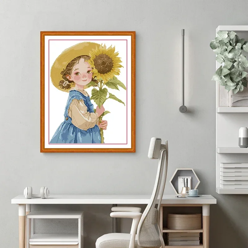 Joy Sunday Kreuzstich-Set „Das Mädchen mit dem Sonnenblumen“-HD-Muster, gezählter bedruckter Stoff Canva Aida 16/14CT DIY-Stickset