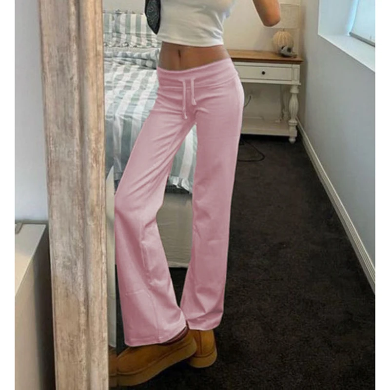 Cuteandpsycho Casual Solid Basic Pants Y2K Chic Floor Length Bottoms Vintage Aesthetic Mid Waist Drawstring Straight Trousers 4