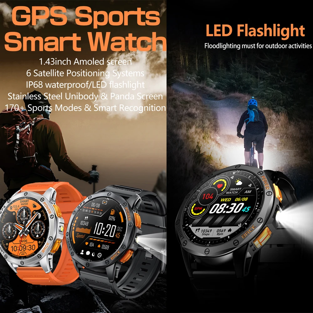 Amoled Smart Watch Men LED Flashlight Compass Barometric Altimeter Outdoor Sports Montion Fitness Tracker BT Call K67 Smartwatch