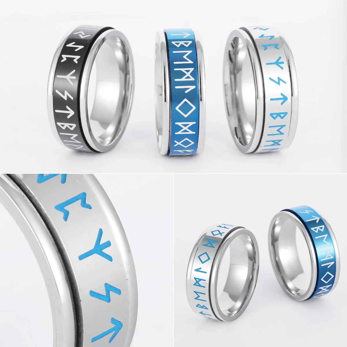 Luminous Viking Runes Men Fidget Rings Stainless Steel Jewelry Punk Rock Rotatable Fashion Accessories for Women Gift Wholesale 6