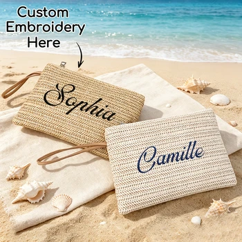 Embroidered Bohemian Straw Handheld Pouch, Portable Zipper & Wrist Strap, Versatile Bridesmaid Makeup Beach Vacation Storage Bag