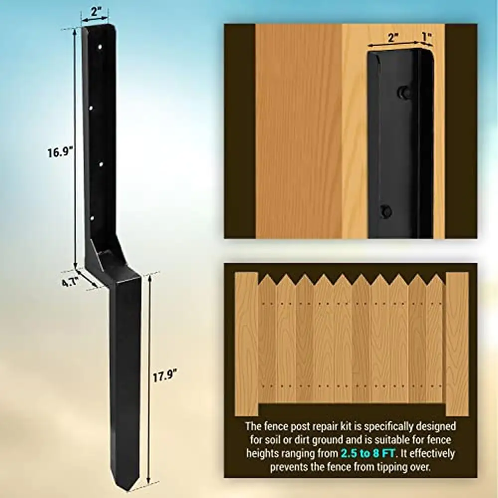 Heavy Duty Steel Fence Post Anchor Spike Repair Kit Set Repairing Tilted/Broken Wood Fence Posts Durable Anti-Rust Powder Coated