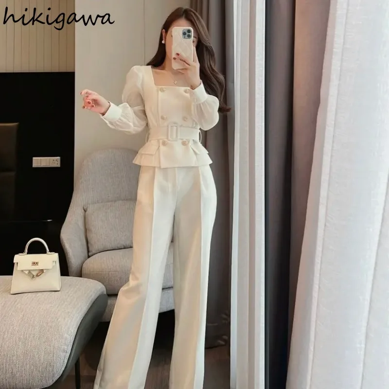 بدلة نسائية مزدوجة الصدر عالية الخصر سترة علوية وس...