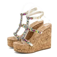 Eilyken Fashion Wood Grain Platform Wedges High Heels Woman Sandals CRYSTAL Buckle Strap Casual Ladies Summer Shoes - Image 3