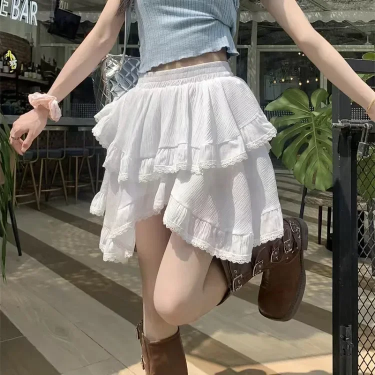 Lace High Waist Irregular Cake Skirts for Women A-line Sweet Girls All-match Korean Fashion Spring Summer Black White