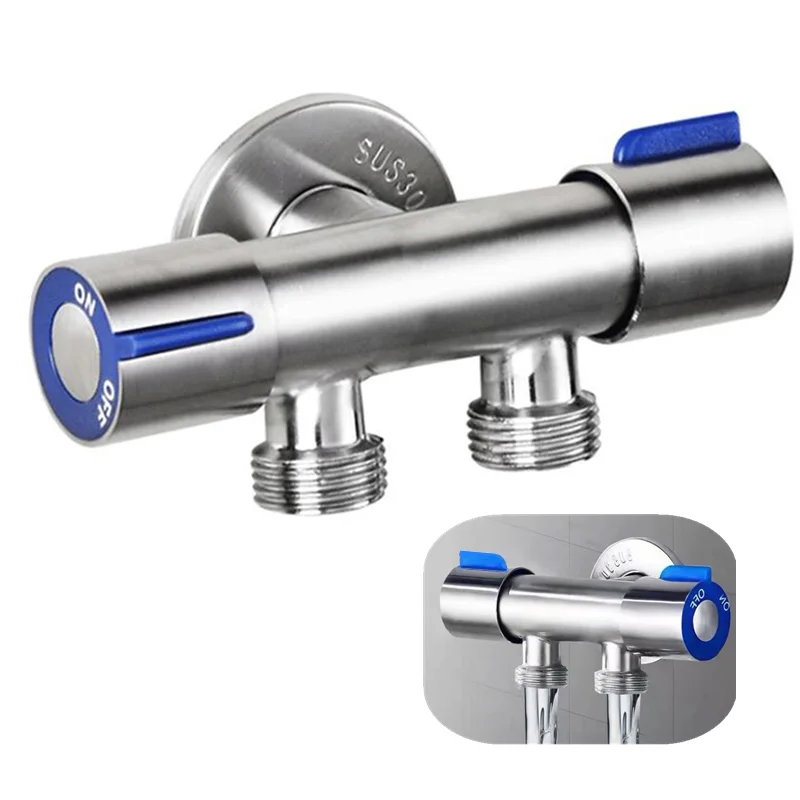 Valvola Angolare Doppio Controllo G1/2 - 1 Ingresso 2 Uscite, Per Lavatrice, WC, Bagno, Argento