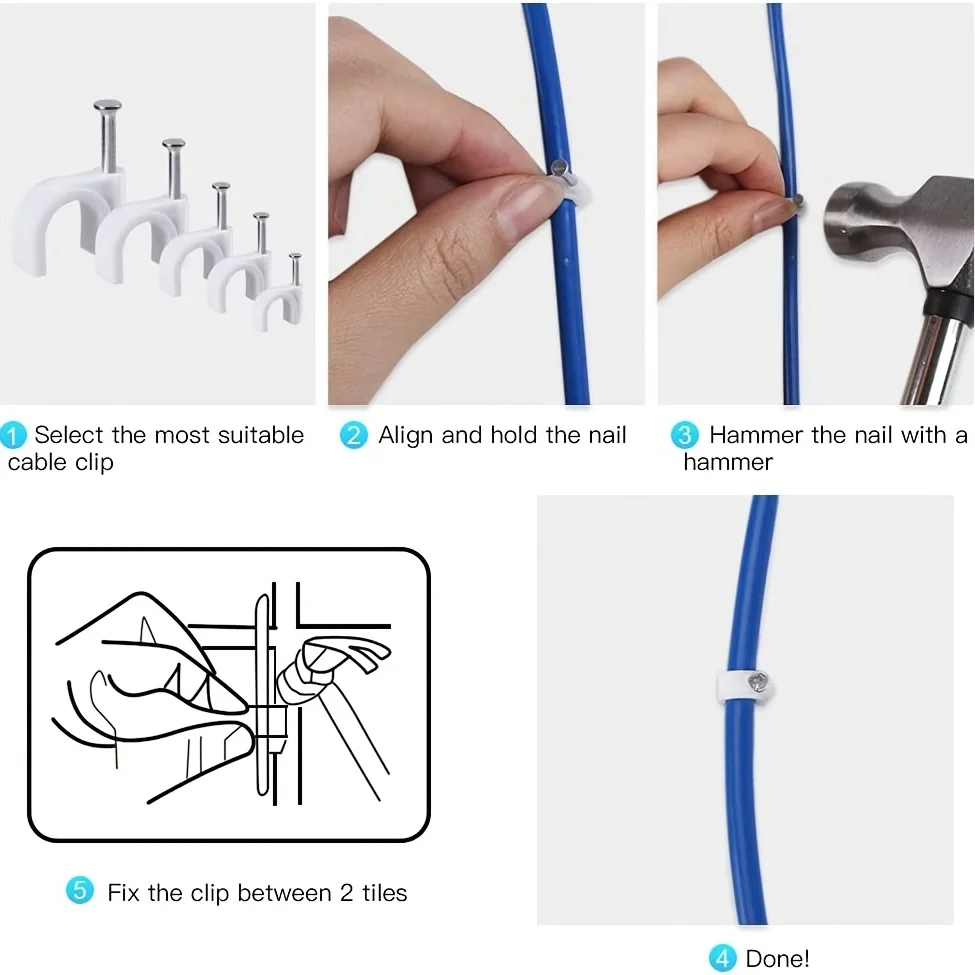Cable Clip Cable Pipe Clamp Cable Organizer 100 Cable Clamps with Steel Nails 4/5/6/8/10mm
