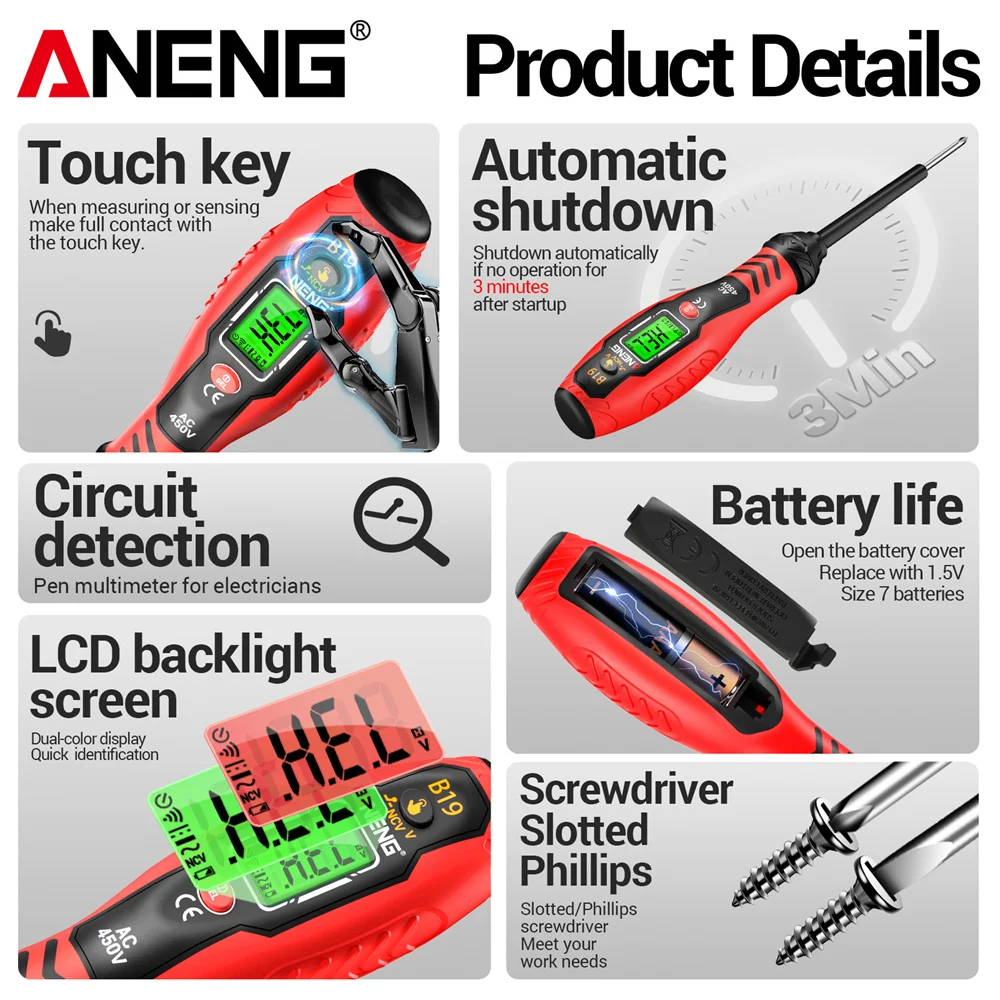 ANENG B19 크로스/워드 스크류드라이버 펜 30-1000V 전압 디지털 휴대용 비접촉식 테스트 진단 브레이크포인트 탐지기 버저 도구