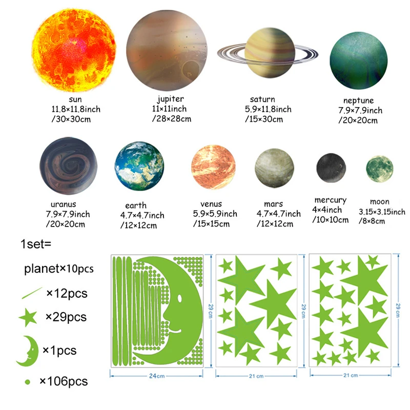 Luminous Nine Planets Moon Stars Dots Wall Stickers Kids Bedroom Living Room Glow In The Dark DIY Party Home Decor Gifts