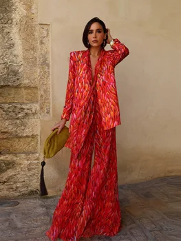 Spring Set Women's Two Piece Set Floral Print Suit Top V-Neck Blazer Wide-Leg Pants Trousers Daily Woman Clothes Vacation Wear 1