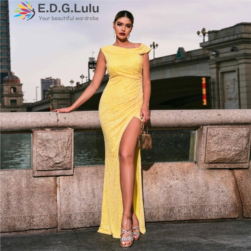 

EDGLuLu новое женское вечернее платье с круглым вырезом и коротким рукавом с желтыми блестками элегантное вечернее платье с открытой спиной и разрезом 0617
