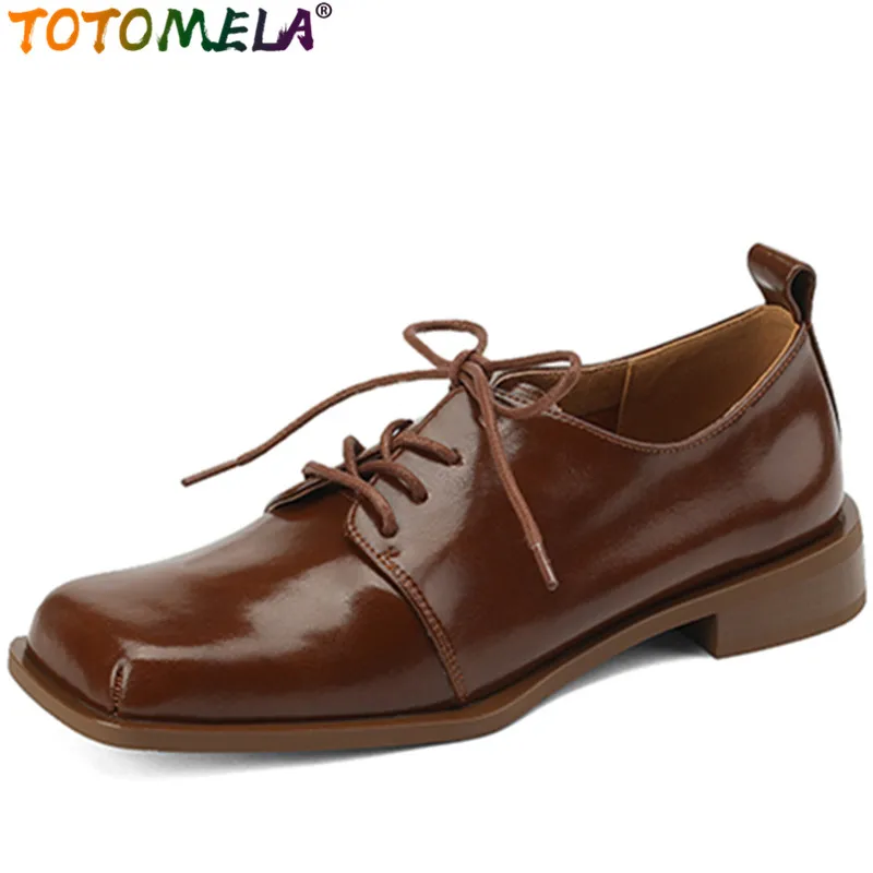 

TOTOMELA 2022 New Vintage Genuine Leather Women Shoes Lace Up Square Low Heels Pumps Square Toe Ladies Shallow Dress Shoes