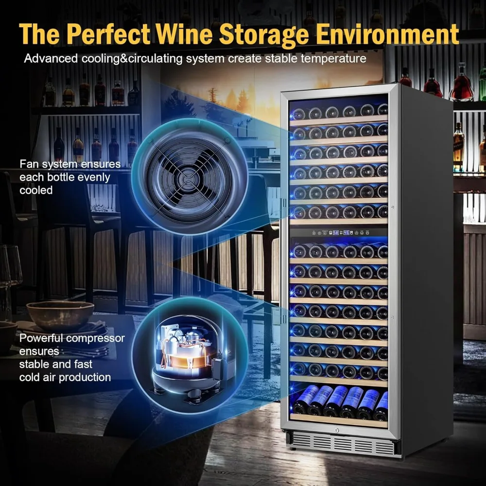 Large Wine Fridge Dual Zones, Tall Freestanding/Built-in Wine Cellar Professional with Reversible Door Sliding Rail Shelves 4