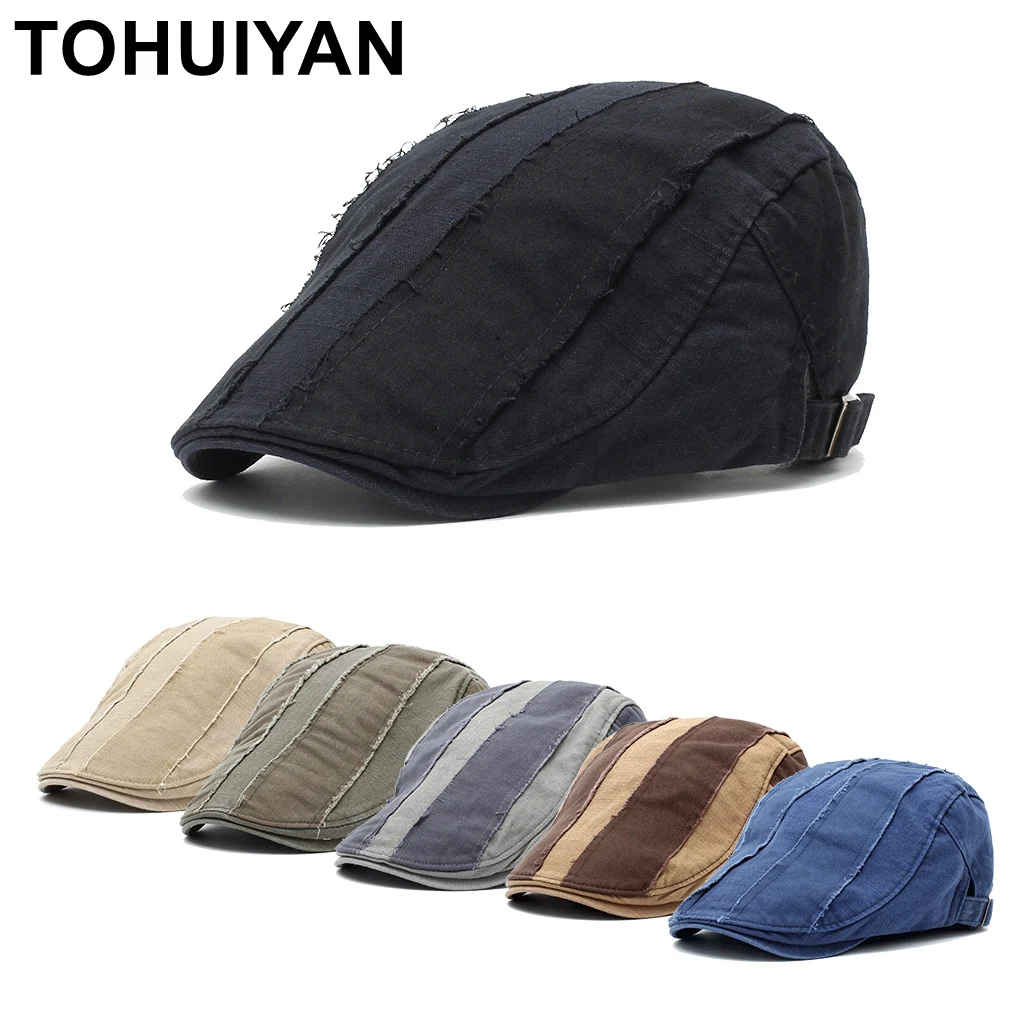 Tohuiyan Distressed Newsboy Cap Men Washed Cotton Flat Caps Adult