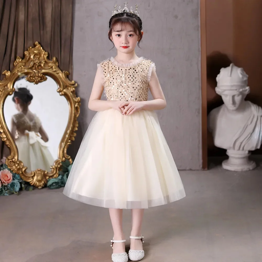 

2023 Girl New In Dress Kids Clothes Children's Wear Fashion V-neck Sleeveless Sequin Silk Thread Mesh Princess Walk Show Costume