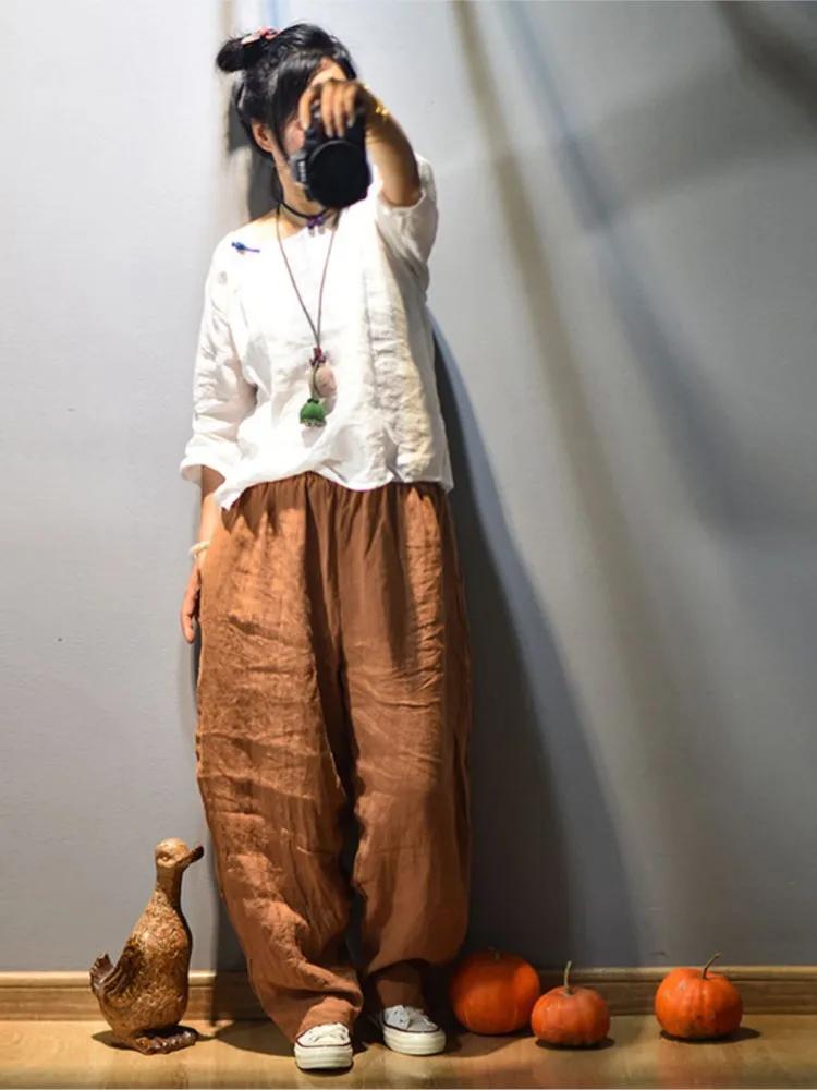 Pantaloni da donna in lino a vita alta a gamba larga pantaloni