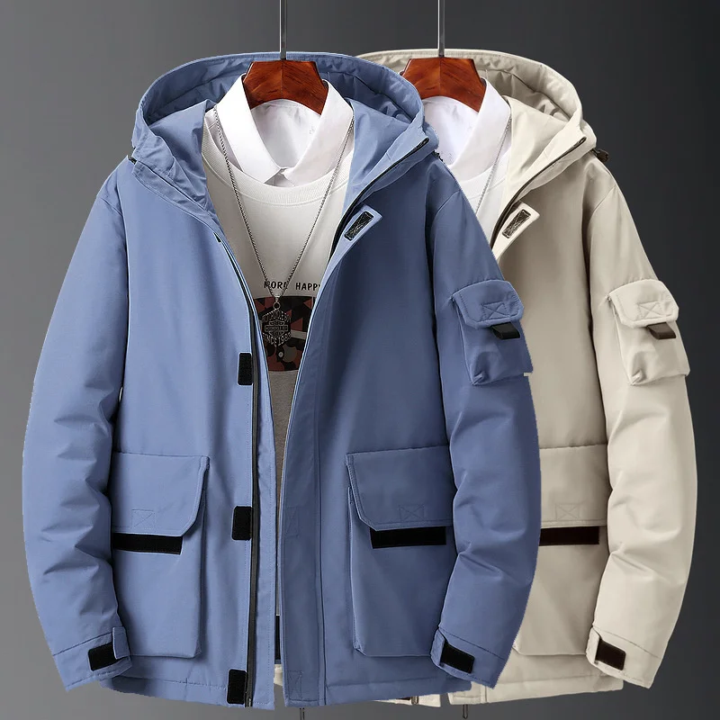 

White Duck Down Jacket Men's Hooded Cargo Mid Length Jacket Men Thick Warm Outdoor Tide Men Trench Man Windbreaker Parkas Men