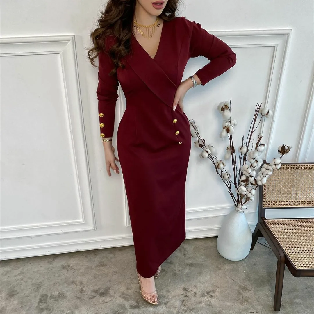 

Elegant Short Burgundy Crepe Evening Dresses Long Sleeve Mermaid فساتين سهرة Muslim Ankle Length Prom Dresses for Women