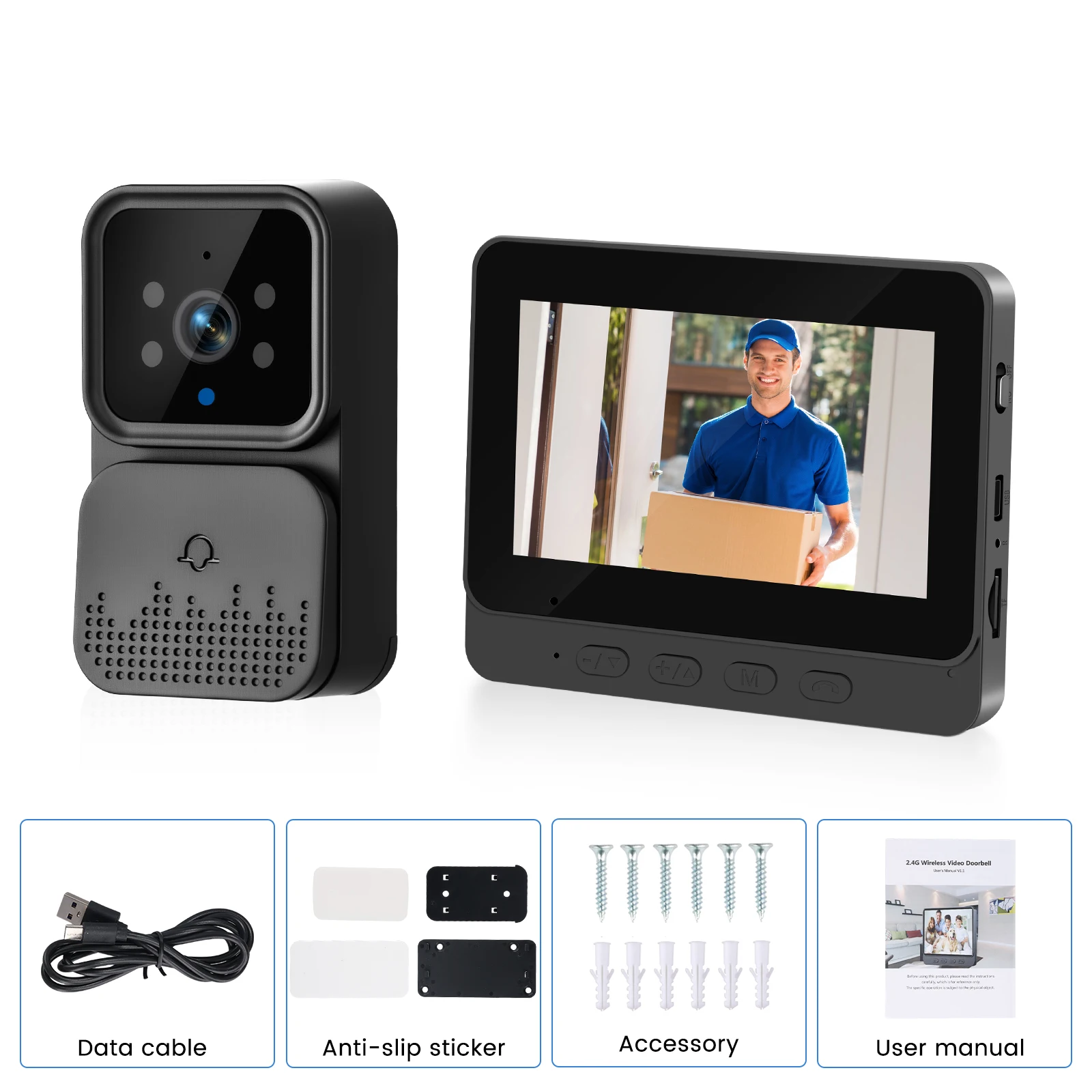 Podofo Bezprzewodowy Dzwonek do Drzwi z Ekranem 4.3'' IPS HD Inteligentny Interkom 2.4G Bez WIFI Widoczny Dzwonek Dwukierunkowa Komunikacja Noktowizor