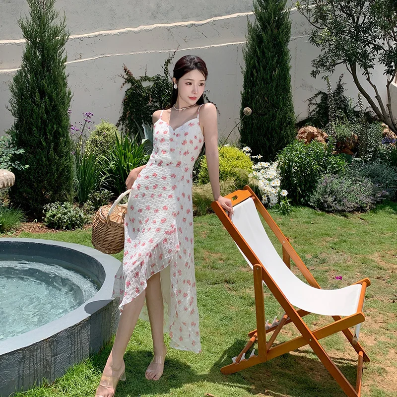 

Summer Dress 2022 Women Suspender Dress French V-neck Rose Jacquard Embroidery Irregular Split Mid-length Dress Sling Dress