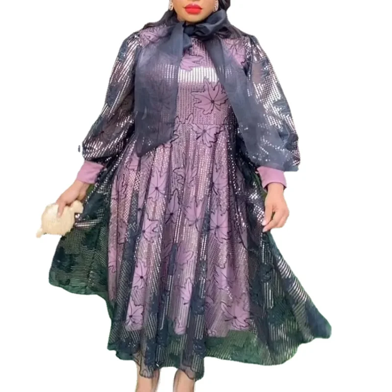 

2024 African Wedding Party Dresses for Women Spring Long Sleeve Print Sequin Evening Long Maxi Dress Dashiki Africa Clothing 3XL