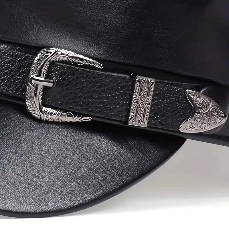 Damen Punk Y2k Trendy Baskenmütze Schwarz Pu Cool Punk Skull Spike Cap Leder Flat Top Captain Military Caps Damen Accessoires – Detail 11