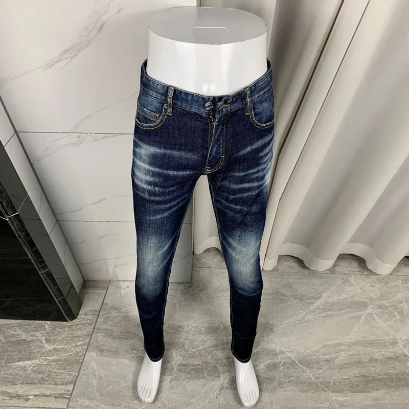 Fashion Designer Men Jeans High Quality Retro Washed Blue Stretch Slim Fit Ripped Jeans Men Vintage Brand Denim Pants Hombre