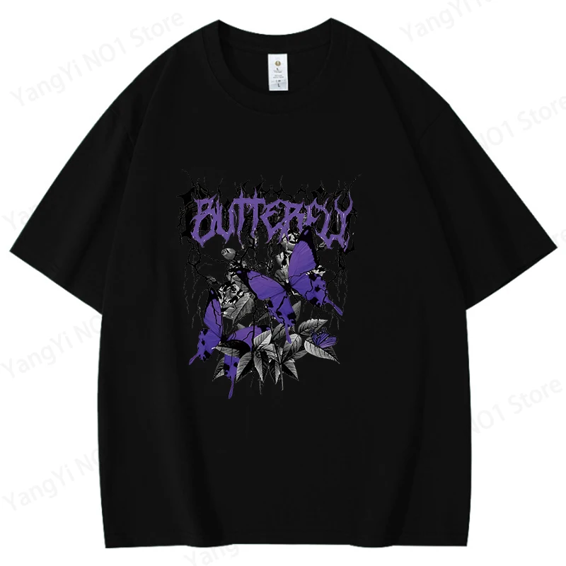 Purple Butterfly Graphic Unisex Cotton T-Shirt - Short Sleeve Summer Fashion Top in Plus Sizes