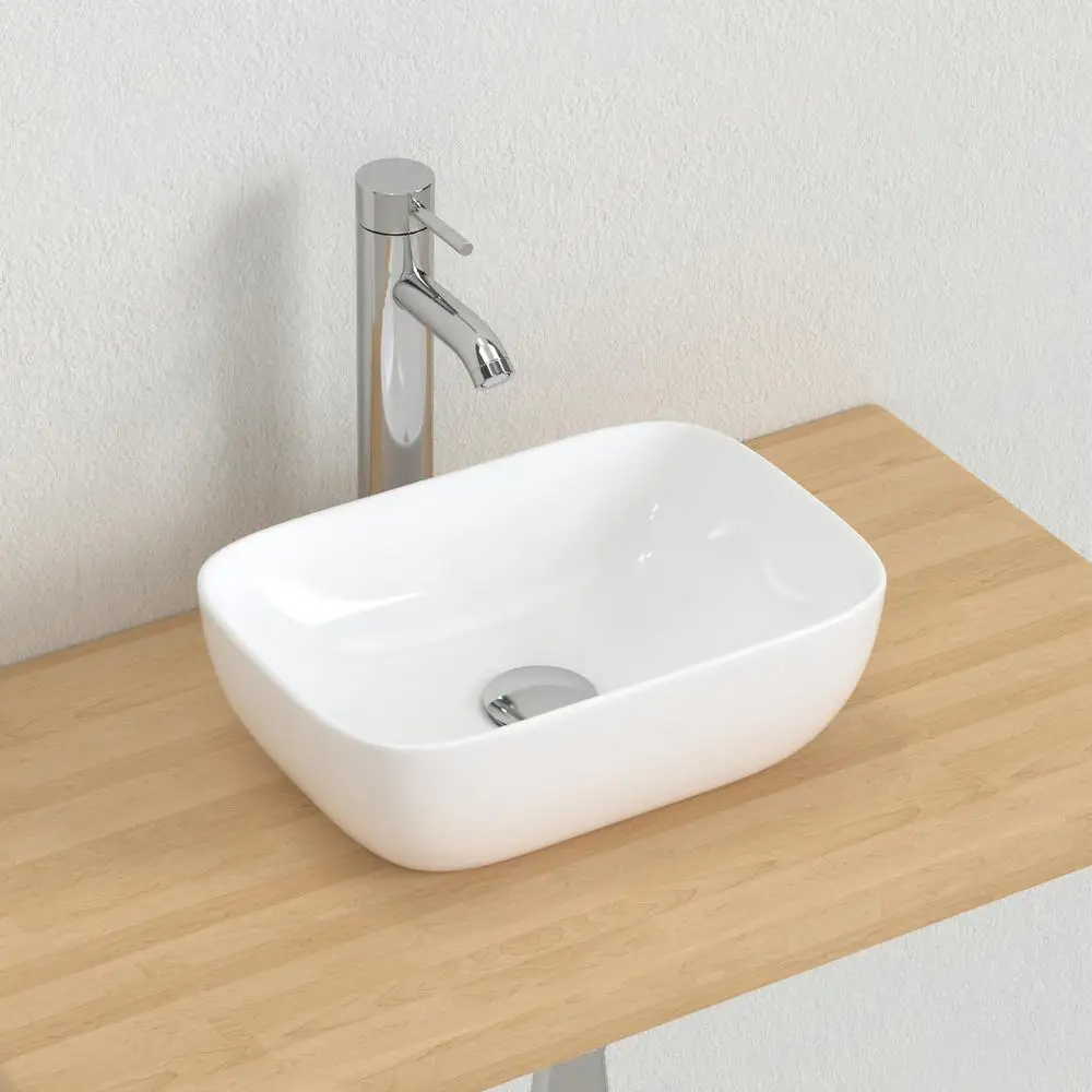 Small Bathroom Vessel Sink White Porcelain Ceramic Lavatory Wash Basin 14.5''x10'' Modern Impact-Resistant Design 365x250x115mm 2