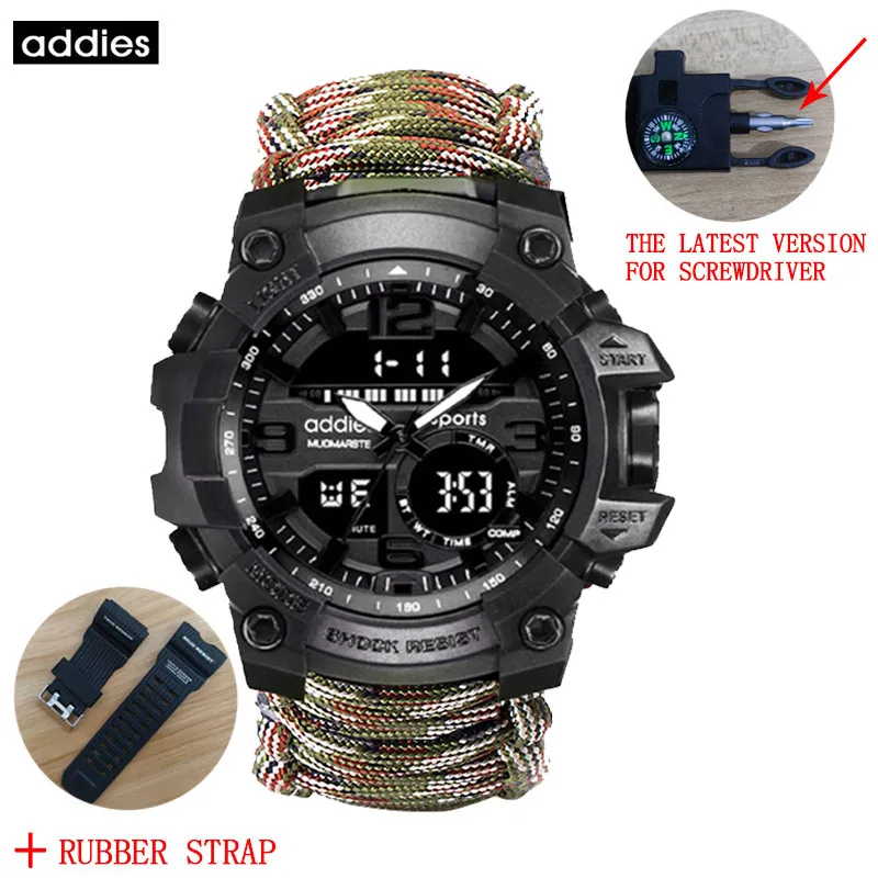 ADDIES Military Survive Outdoor LED Digital Watch  Multifunction Compass Whistles Waterproof Quartz Army Watch relogio masculino 