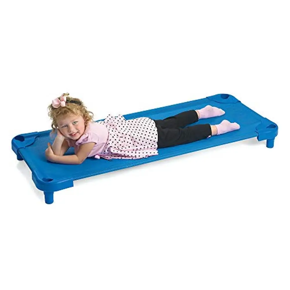 Blue Stackable Eco-Friendly Kids Nap Cots Set of 4 Standard Size Children 12m-12y Eco-Mesh Adjust Tautness Easy Clean Easy Store 3