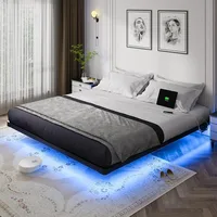 Bed Fram, King Size Floating Bed Frame, Metal Platform, with LED Light and Charging Station, No Box Spring Needed, Noise-Free 1