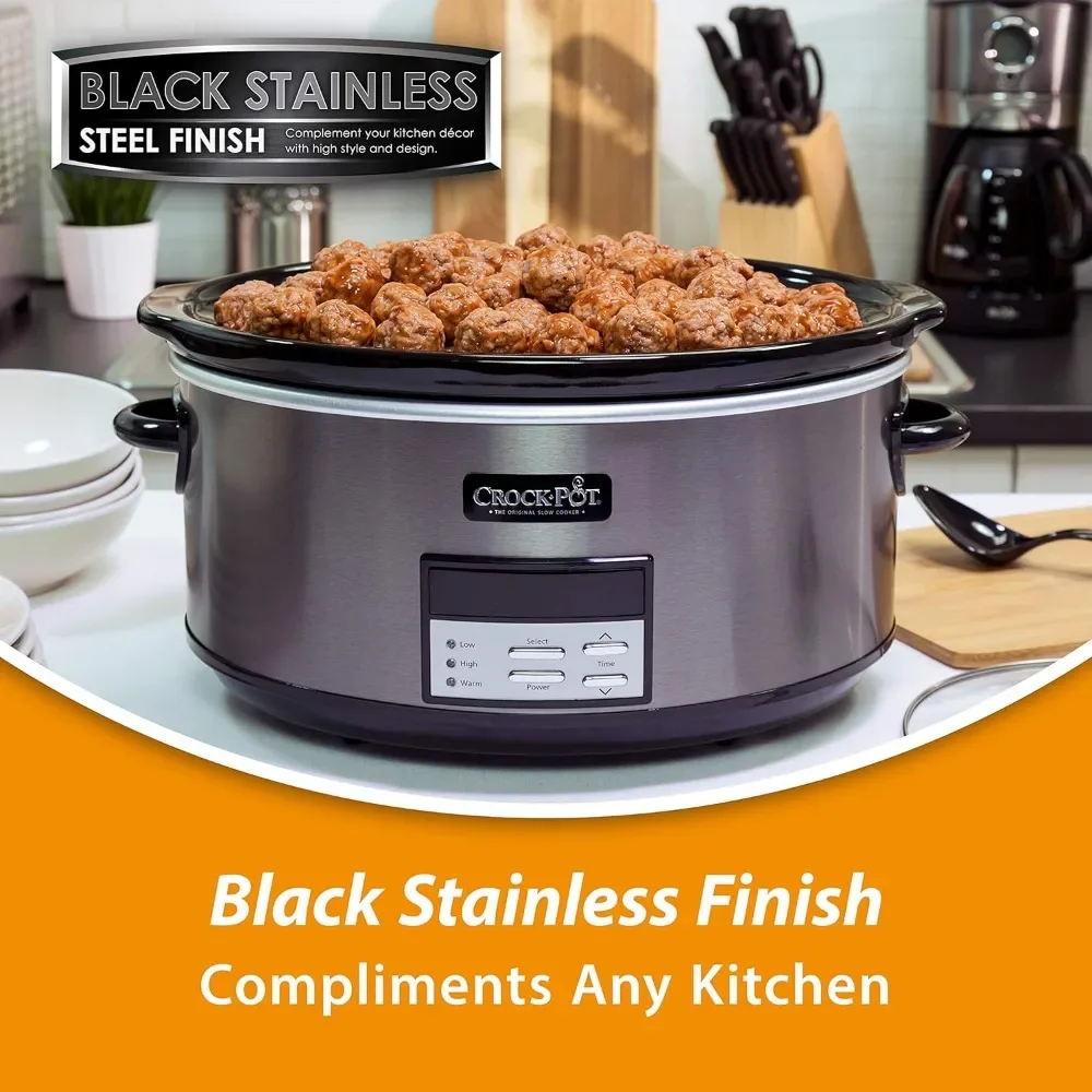 Large 8-Quart Programmable Slow Cooker with Auto Warm Setting, Black Stainless Steel, Includes Cookbook (Pack of 1)